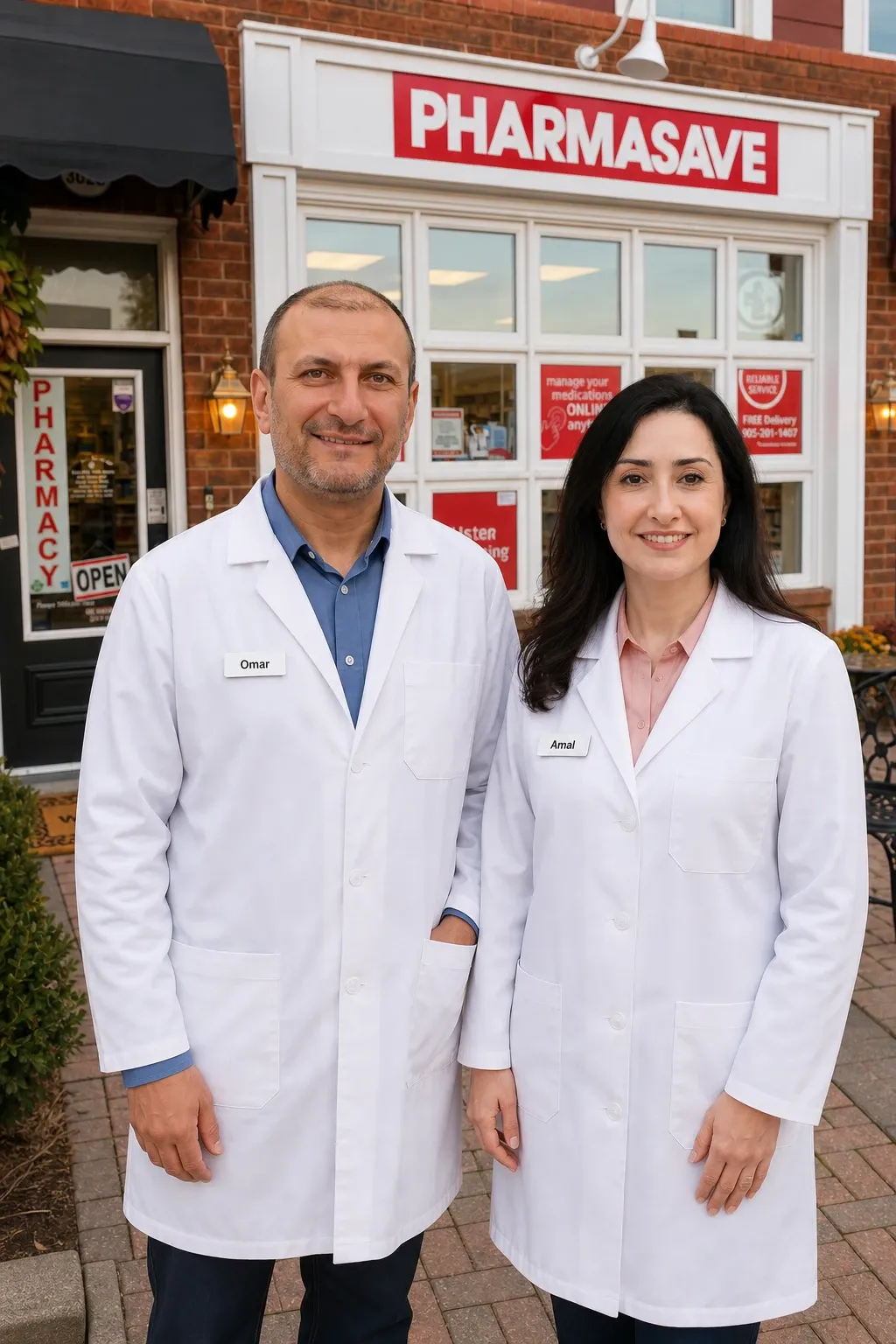 Omar Haddad and Amal Nakhla in front of 2 Care Pharmacy at 3028 Bur Oak Avenue