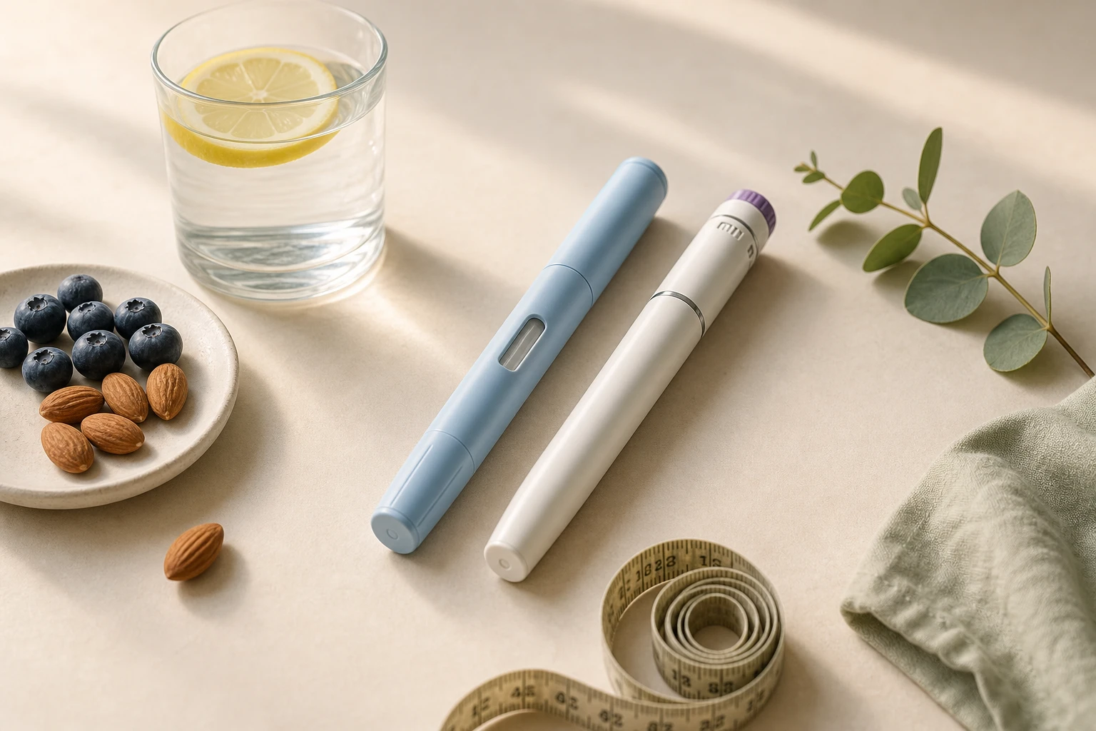 Editorial flat-lay: two unbranded injection pens with a glass of water, fresh berries, almonds, measuring tape, and rosemary on a calm cream surface
