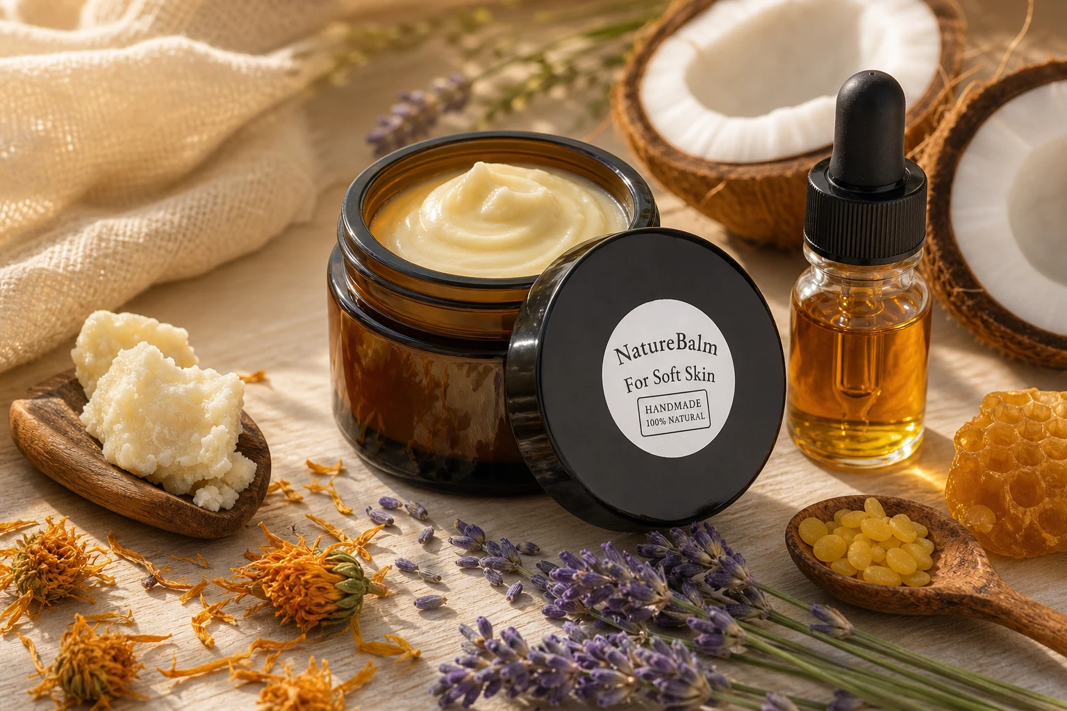 NatureBalm by 2 Care Pharmacy — handcrafted balm jar with organic ingredients (shea butter, lavender, calendula, beeswax, coconut) styled on a warm wood surface